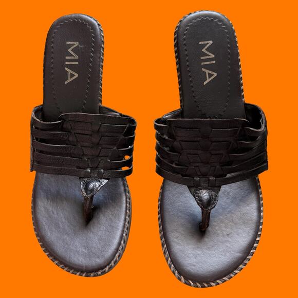 00's vintage dark brown leather platform y2k thong flip flops Size 8.5 *flaws* - Picture 2 of 9